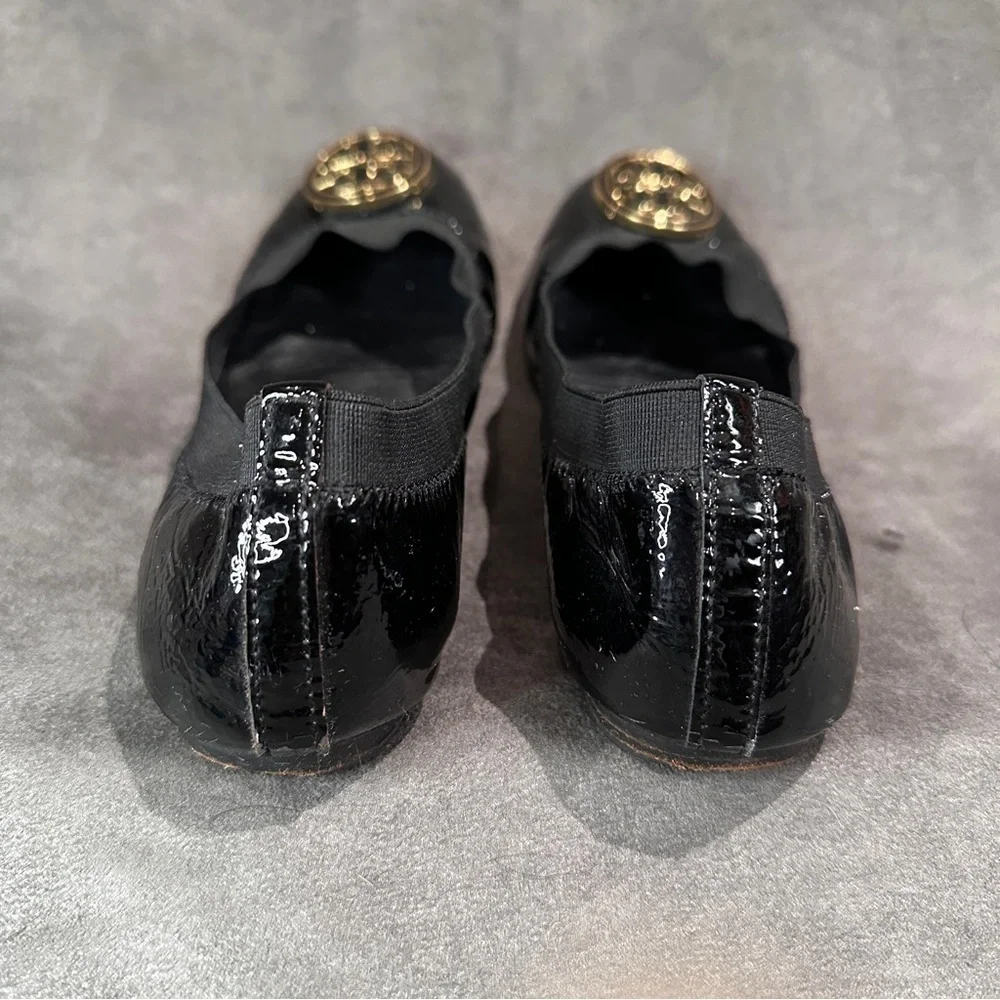 Tory Burch Caroline 2 Ballet Flats Patent Leather Logo Black Gold 6.5 Balletcore